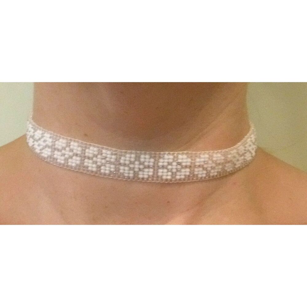 Loom Beaded Choker Necklace White & Iridescent
